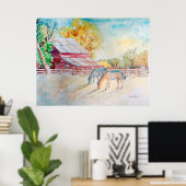 Rode Barn en paarden in het gras Poster (Thuiskantoor)