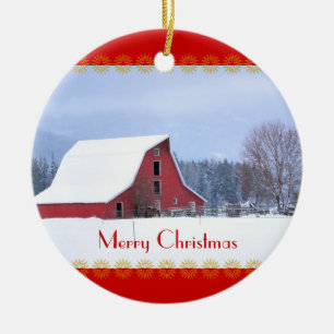 Rode Barn in sneeuw, kerstversiering Keramisch Ornament