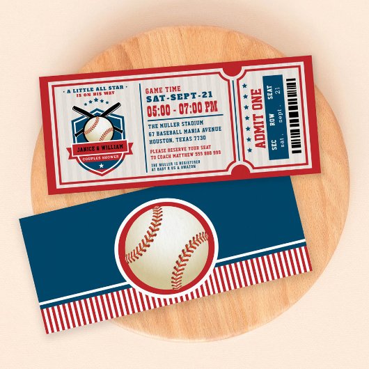 Rode Baseball Ticket Couples Baby shower Kaart
