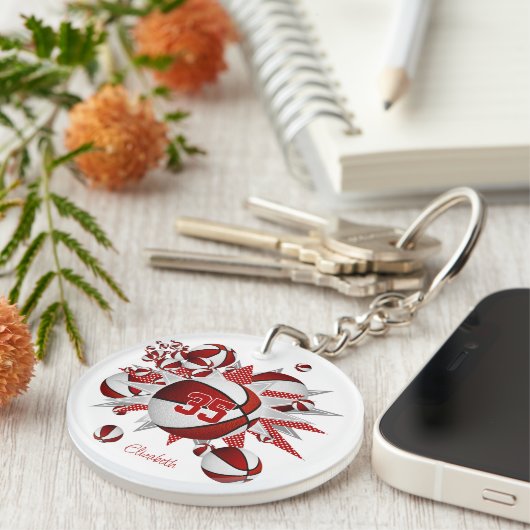 rode basketbal blowout meisjes jersey nummer sleutelhanger (Voorkant Rechts)