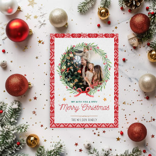 Rode Beige Vintage Foto Kerstkaart Kaart