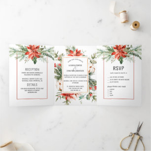 Rode bessen bruiloft rond Red Poinsettia Evergreen Drieluik Uitnodiging