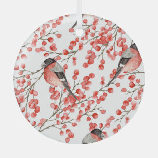 Rode bessen Bullfinches Waterverf Patroon Glas Ornament