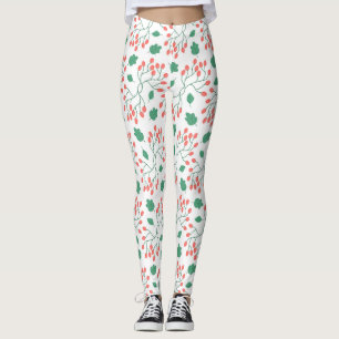 Rode bessen en groene bladeren patroon leggings