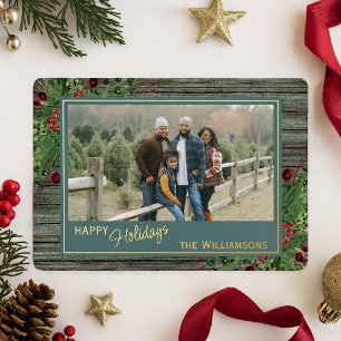 Rode bessen Groen Holly Botanisch gebladerte Goud Folie Feestdagenkaart