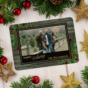 Rode bessen Groen Holly Botanisch gebladerte Goud Folie Feestdagenkaart