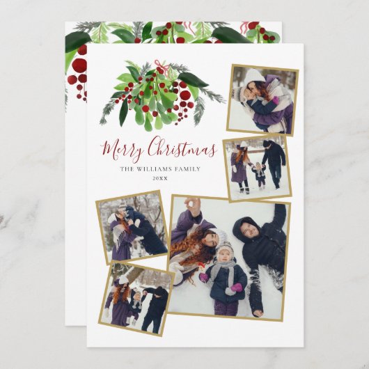 Rode Bessen Groene 5 Foto Kerstmis Feestdagenkaart (Voorkant / Achterkant)