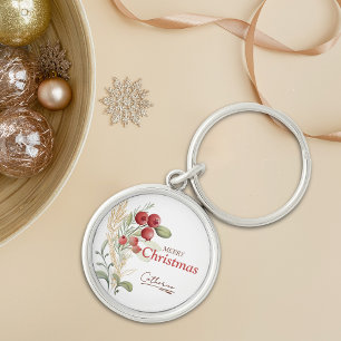 Rode Bessen Groene Elegante Naam Kerstmis Sleutelhanger