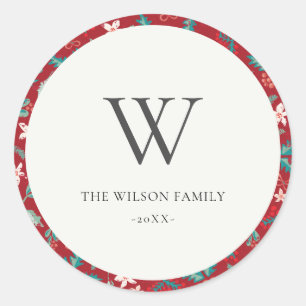 Rode bessen Kerstmis Bloemen Patroon Monogram Ronde Sticker