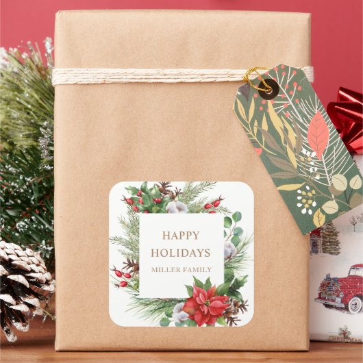 Rode bessen poinsettia monogram vierkante sticker (Feestdagen)