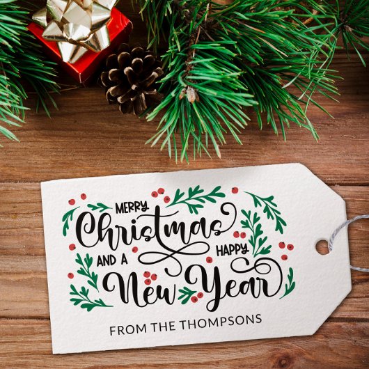 Rode bessen Vrolijk Kerstfeest Gelukkig Nieuwjaar  Cadeaulabel