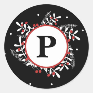 Rode Bessen & Witte Bladeren Rustieke Zwarte Kerst Ronde Sticker