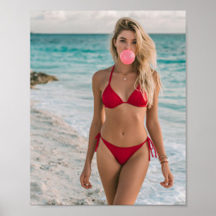 Rode bikini Vrouw bij Oceaan Mooie Bubble Gum Bel Poster