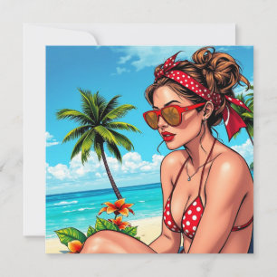 Rode bikini, zonnebril en bandana vrouw