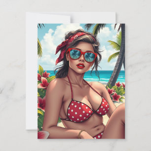 Rode bikini, zonnebril en bandana vrouw briefkaart