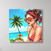 Rode bikini, zonnebril en bandana vrouw