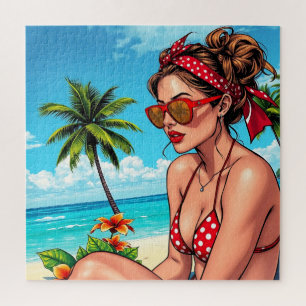 Rode bikini, zonnebril en bandana vrouw legpuzzel