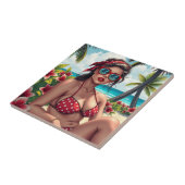 Rode bikini, zonnebril en bandana vrouw tegeltje (Zijkant)