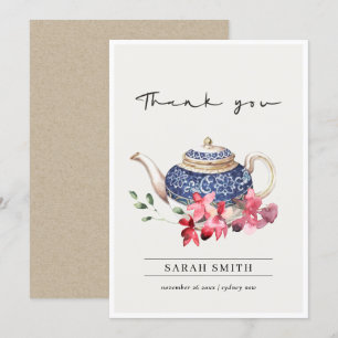 Rode blauwe aquarel theepot bloemige theepartij bedankkaart