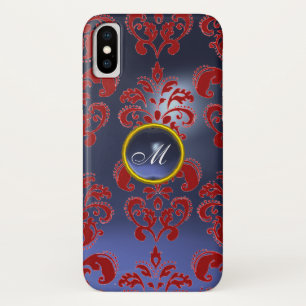 RODE BLAUWE DAMAST SAPPHIER EDELSTEEN MONOGRAM iPhone X HOESJE
