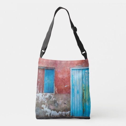 Rode, blauwe en grijze wand, deur en raam crossbody tas (Achterkant)