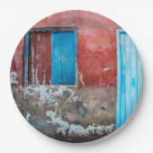 Rode, blauwe en grijze wand, deur en raam papieren bordje (Voorkant)