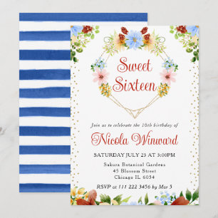 Rode, Blauwe Gele Bloemen Hart Krans Sweet 16 Kaart