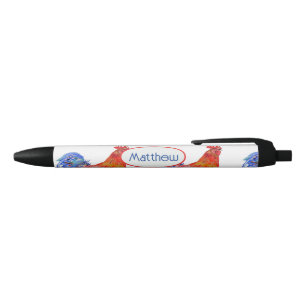 Rode Blauwe Haan Kip Aquarel Jongensnaam Zwarte Inkt Pen
