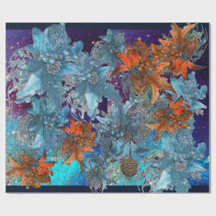 RODE BLAUWE POINSETTIAS, CHRISTMAS STARS IN SPARKL CADEAUPAPIER