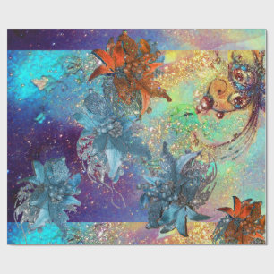 RODE BLAUWE POINSETTIAS, VLINDER IN GOUDEN SPRANKE CADEAUPAPIER