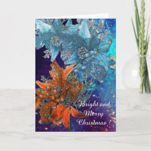 RODE BLAUWE POINSETTIAS, XMAS STARS IN SILVER SPAR FEESTDAGEN KAART