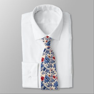 Rode Blauwe Toile Chinoiserie Waterverf Bloemstuk Stropdas