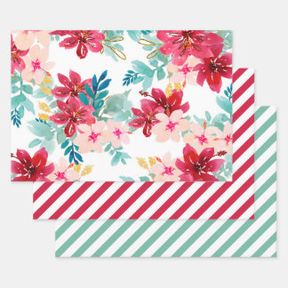Rode Blauwgroen Waterverf Floral Greenery Stripe Inpakpapier Vel
