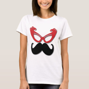 Rode bling bril met snor t-shirt