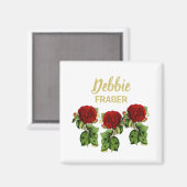 Rode bloem en groene bladeren, aangepaste naam magneet (Voorkant / Achterkant)