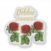 Rode bloem en groene bladeren, aangepaste naam sticker (Voorkant)