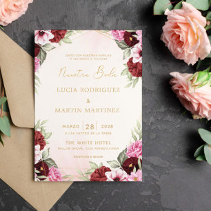 Rode bloem gouden frame Nuestra Boda Kaart