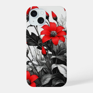 Rode bloem op zwart wit Plant iPhone 15 Hoesje