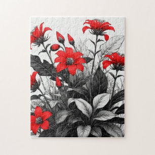 Rode bloem op zwart wit Plant Legpuzzel