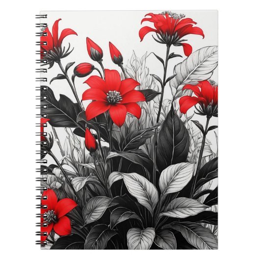 Rode bloem op zwart wit Plant Notitieboek (Voorkant)
