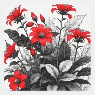 Rode bloem op zwart wit Plant Vierkante Sticker
