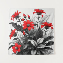 Rode bloem op zwart wit Plant Wandkleed