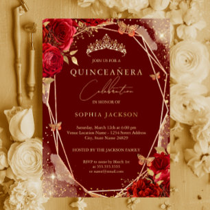 Rode Bloem Roze Gouden Tiara Quinceanera Folie Uit Uitnodiging
