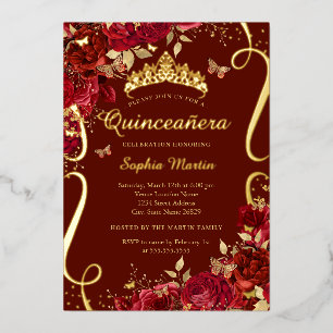 Rode Bloem Vlinder Elegante Quinceanera  Folie Uitnodiging