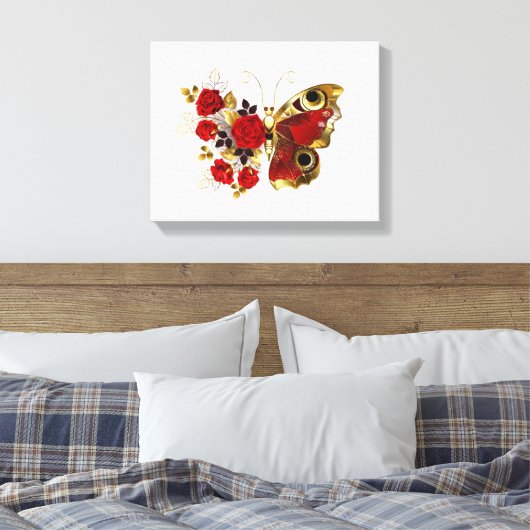 Rode bloem vlinder met rode rozen canvas afdruk (Insitu (Slaapkamer))