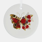 Rode bloem vlinder met rode rozen glas ornament (Achterkant)