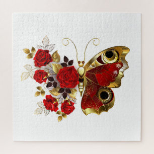 Rode bloem vlinder met rode rozen legpuzzel