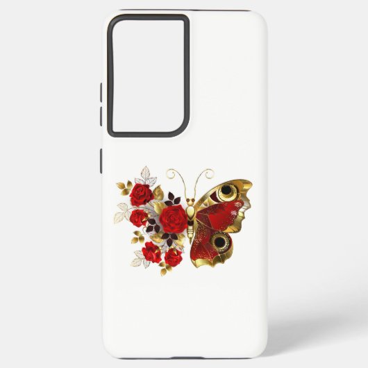 Rode bloem vlinder met rode rozen samsung galaxy hoesje (Achterkant)
