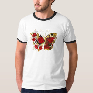 Rode bloem vlinder met rode rozen t-shirt