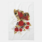 Rode bloem vlinder met rode rozen theedoek (Verticaal)